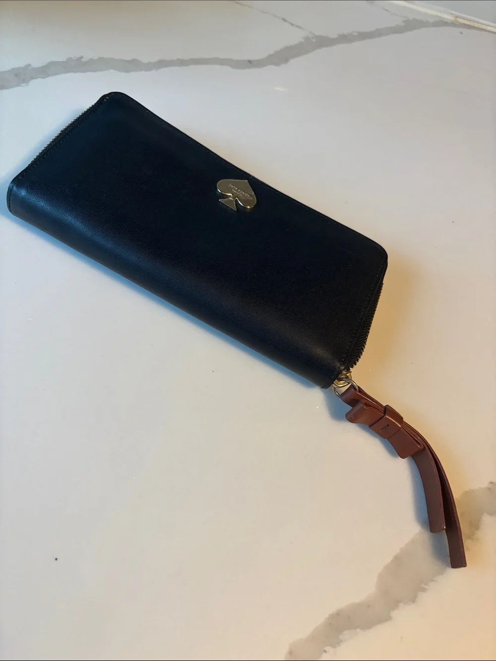 kate spade Black Leather Zip Around Wallet with Gold Spade Heart Logo